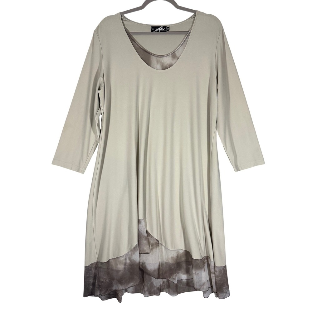 Sympli Tunic Dress Sz 16 Layered Mesh Tie Dye Hem Asymmetric Neutral Taupe Artsy